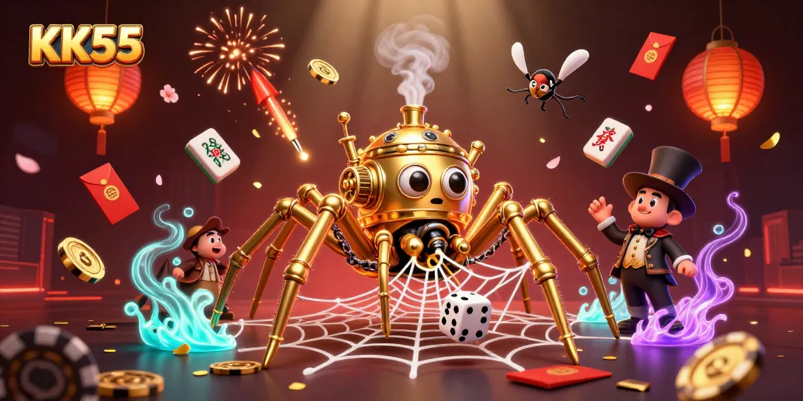 Experience the excitement of KK55 with a steampunk spider webbing golden chains and playful elements from the casino.
