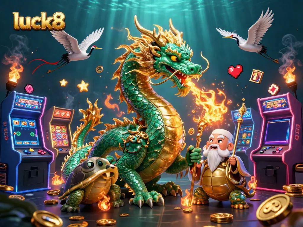 Experience thrilling gameplay at luck8 with a vibrant illustration of a jade dragon and classic game elements.