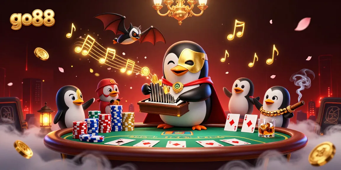 Experience thrilling gameplay at go88 with a magnificent 3D illustration featuring a penguin playing a pipe organ at a bustling casino.