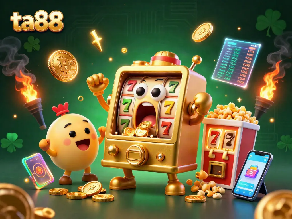 Experience excitement with ta88's golden slot machine hitting a jackpot while coins pour out.