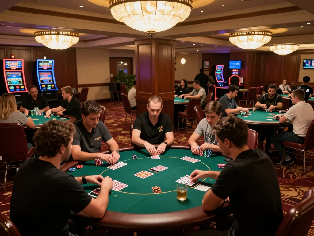 Engaged players enjoying poker at an upscale casino, showcasing the dynamic atmosphere of https://mm88.green/ and strategic gameplay.