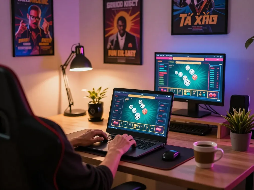 Engaging in Tài xỉu online gaming with a competitive edge at home setup, displaying betting strategies.