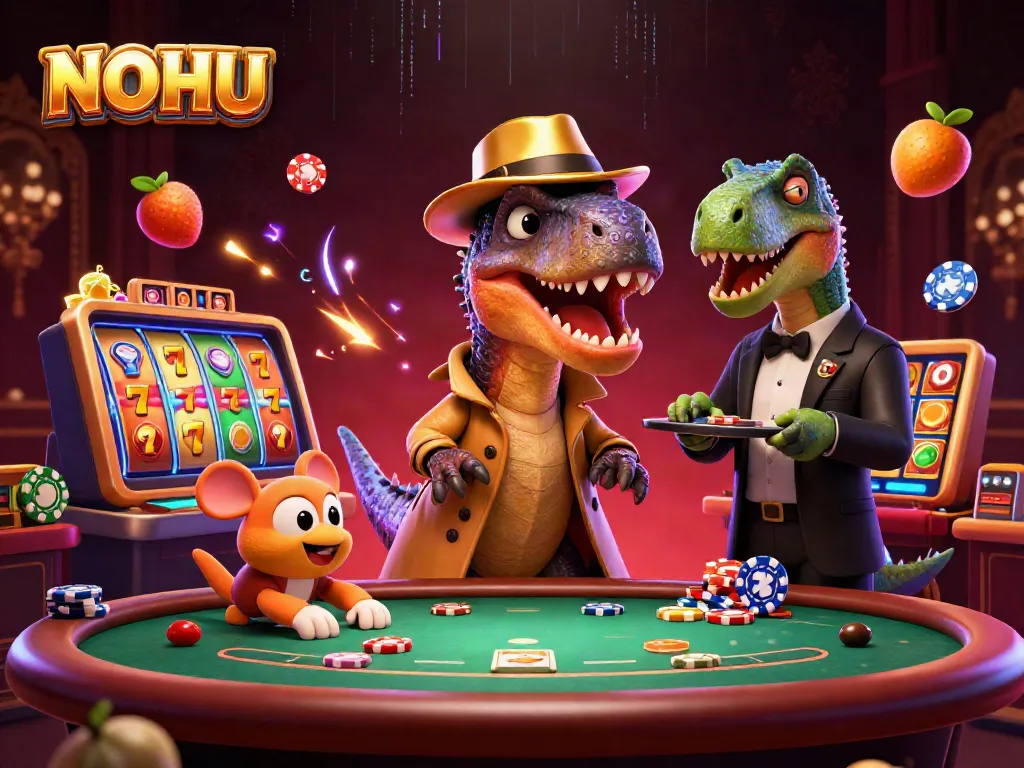NOHU slots jackpot and action illustrated with creative dinosaurs in a lively casino setting.