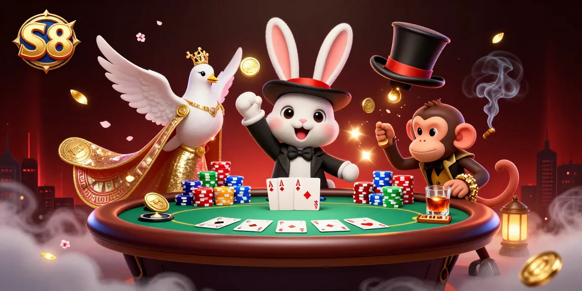 S8 casino illustration showcasing playful characters in a lively poker scene complete with coins, chips, and magical effects.