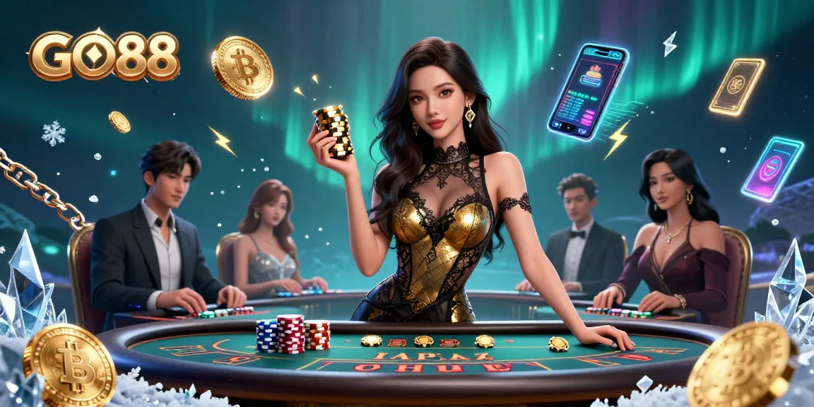 Experience high-stakes play at GO88 with a confident woman holding golden casino chips.