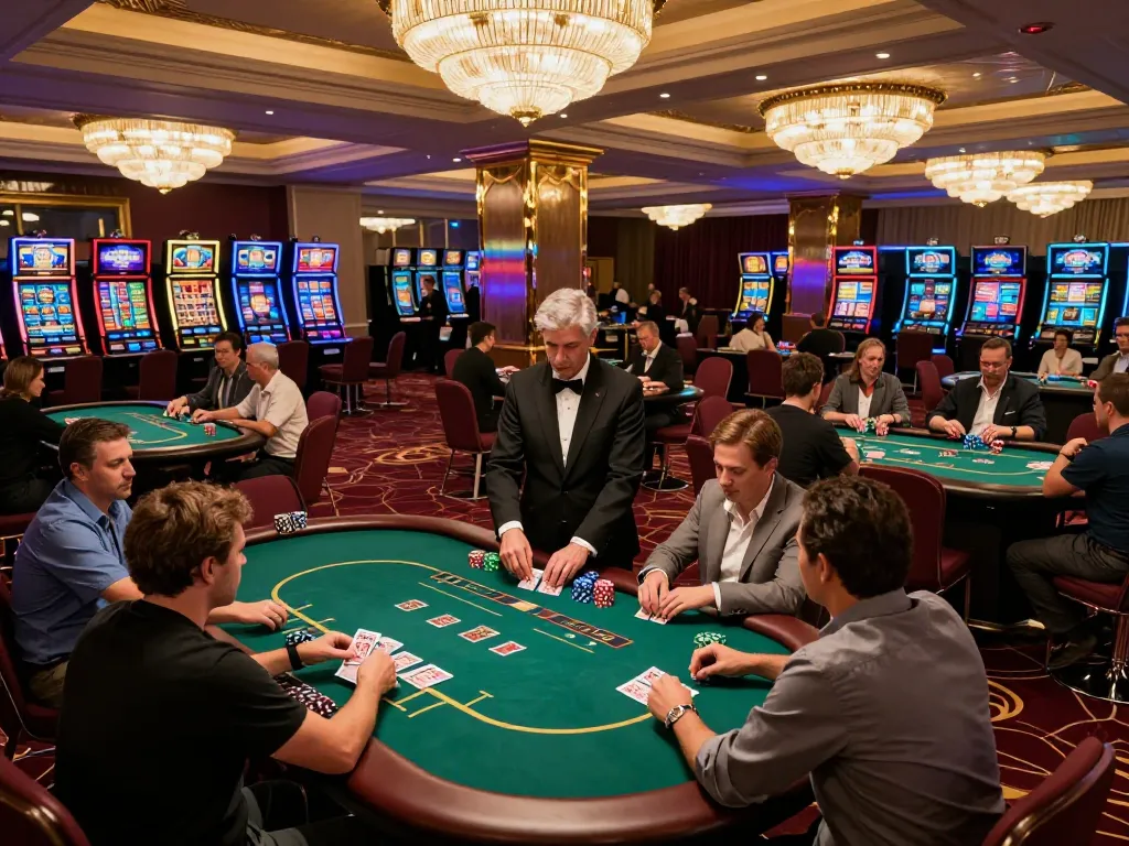 Players immersed in an exciting game on the casino floor, showcasing mlb-shop themed poker tables.