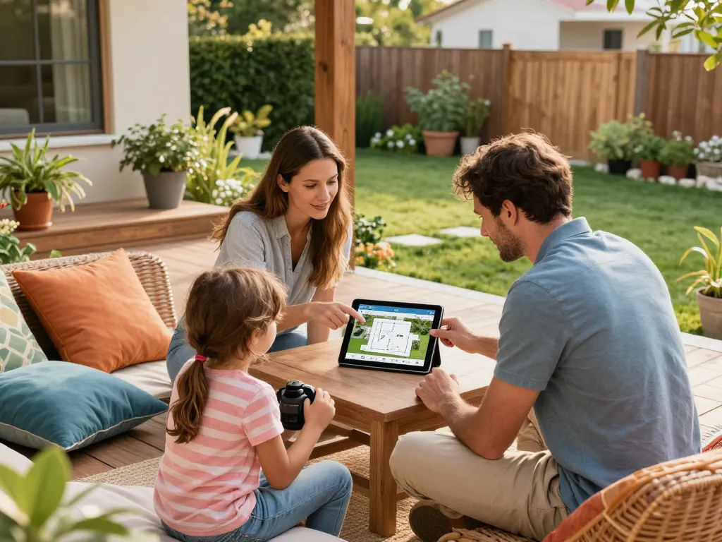 Family exploring a veranda configurator on a digital tablet outdoors, designing their ideal veranda.