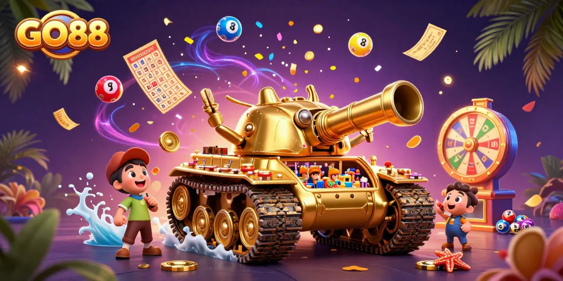 Engage in exciting gameplay at GO88 with an immersive casino scene filled with vibrant lottery elements and animated characters.