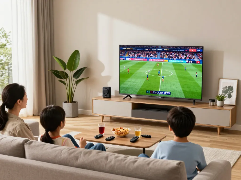 Family enjoying entertainment through Sky Glass IPTV Subscription in a cozy living room setting.