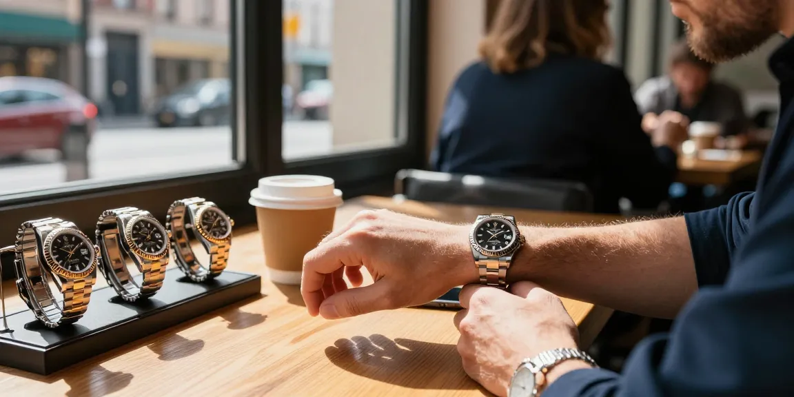 Exploring the exquisite details of a rolex replica watch in a chic café
