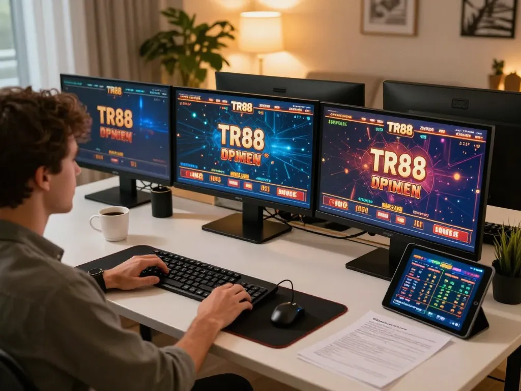 Engaged player strategizing wins at TR88 online casino gaming on multiple screens.