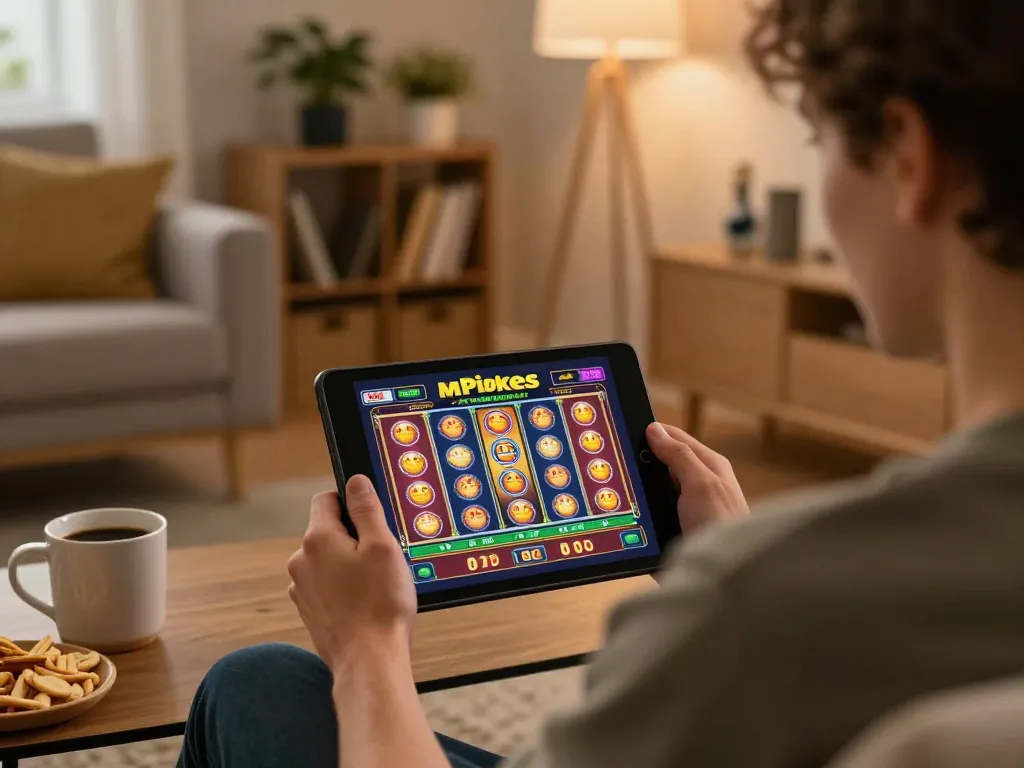 Engaging in pokies gameplay at MrPokies77 on a tablet from a cozy living room setup.