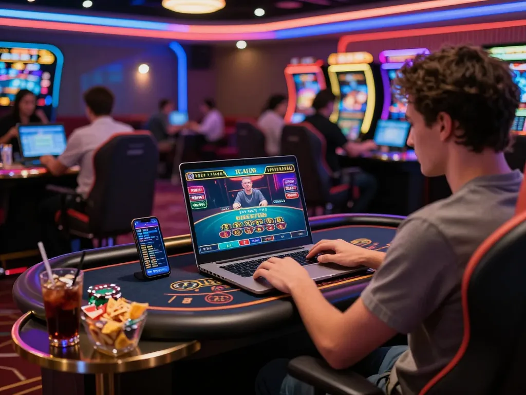 Player enjoying 8KBET's online baccarat game in a vibrant virtual casino.