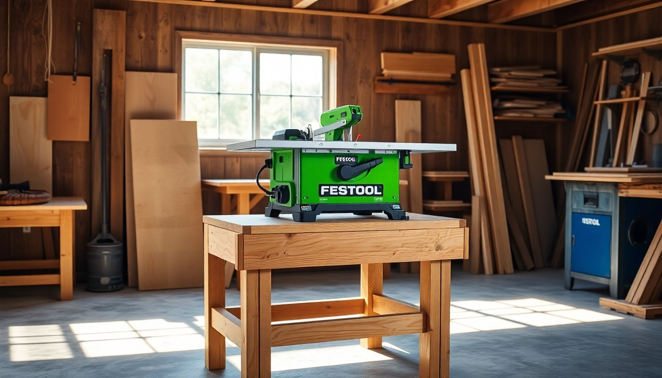 The Festool table saw demonstrates precision cutting through hardwood, showcasing its advanced features in a workshop setting.