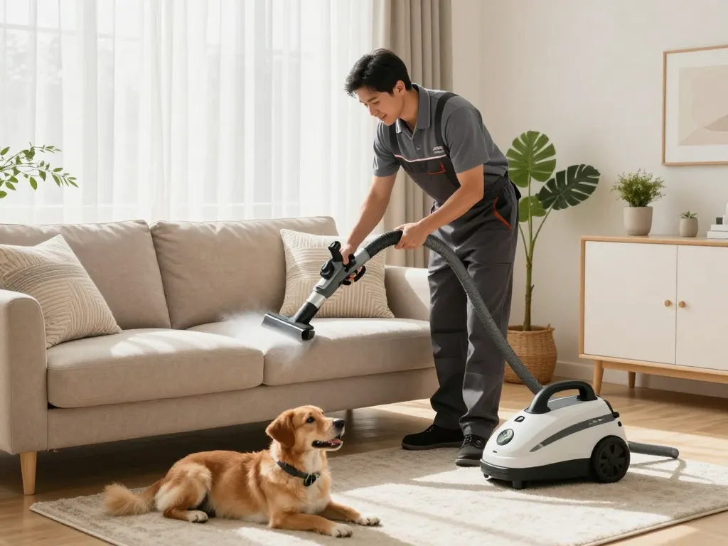 Professional upholstery cleaner treating a sofa, emphasizing eco-friendly cleaning products and pet-safe methods for Property maintenance sites.
