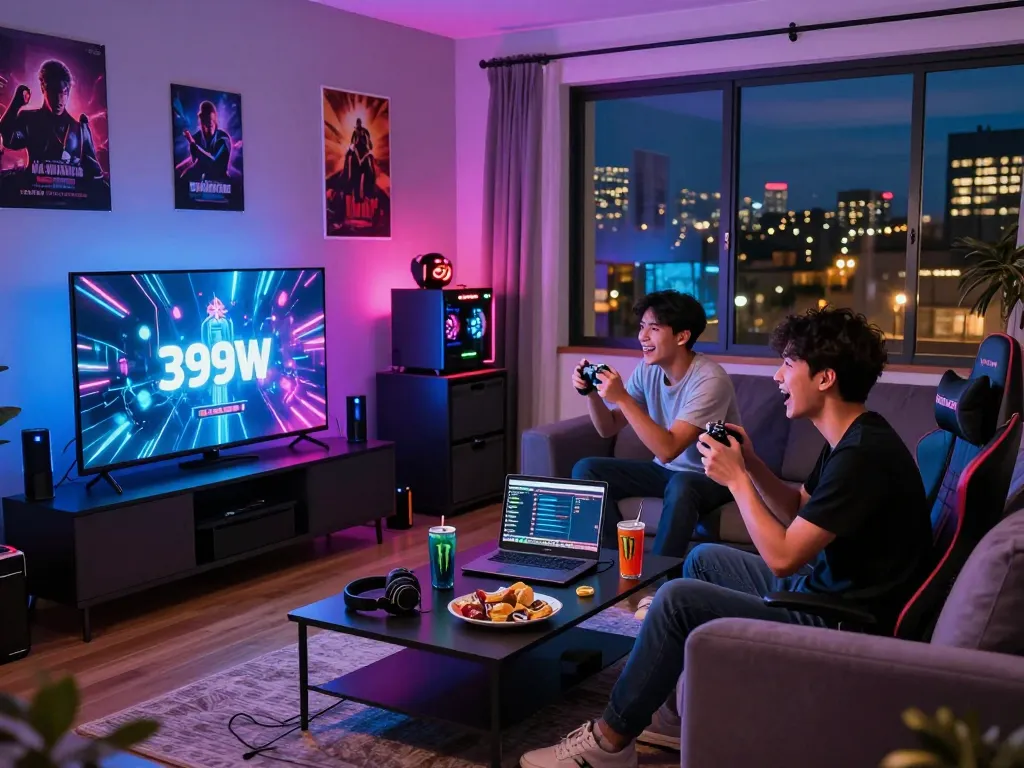 Engaged group of friends enjoying the 399W gaming platform in a modern living room, illuminated with vibrant LED lights.