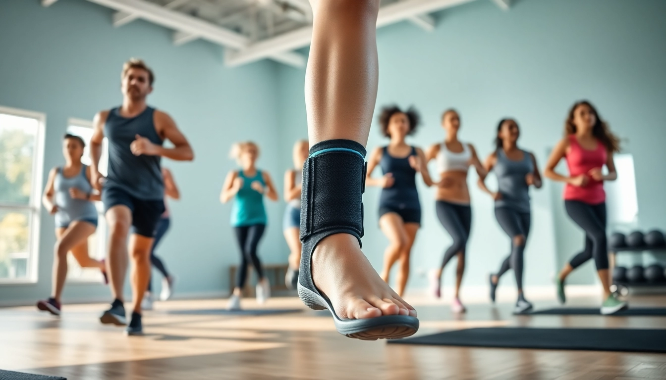 Ankle brace to prevent dorsiflexion depicted in an active fitness scene with individuals exercising.