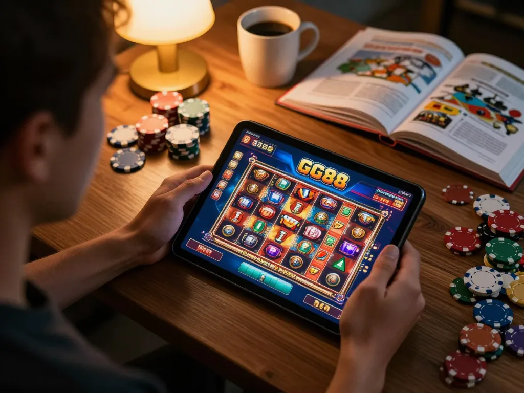 Engaging online gaming moment at https://gg88.cool/ showcasing exciting slot games on tablet with colorful chips.