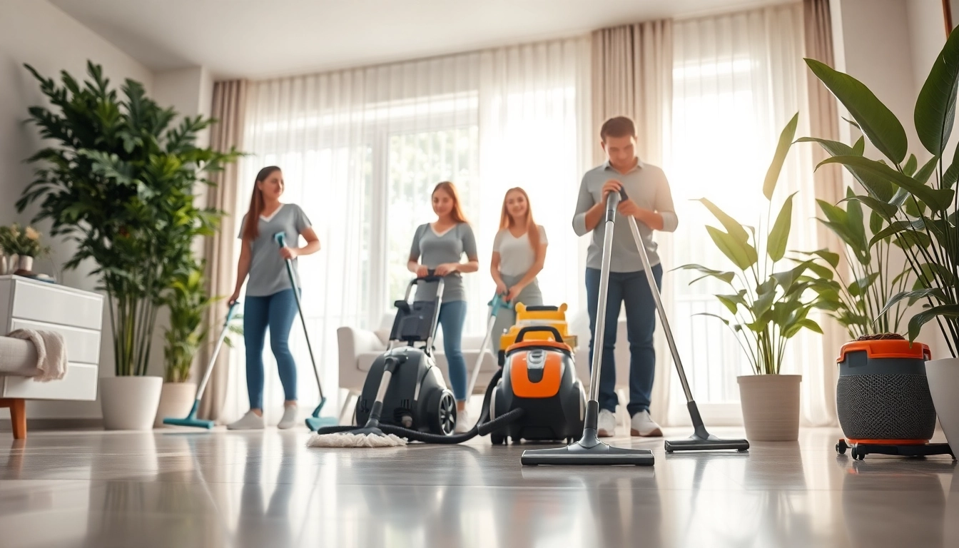 Cleaning services near me: a professional team efficiently tackles mess in a bright home setting.
