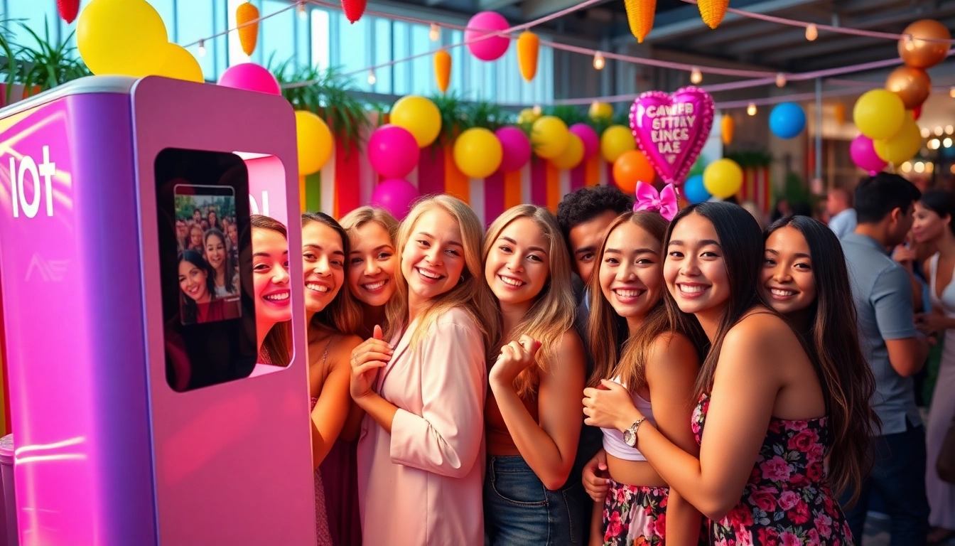 Joyful guests having fun in a photo booth rental chicago during a vibrant event.