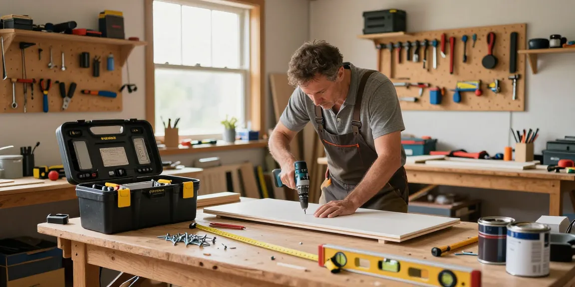 Handyman using a stanley rolling tool box while assembling furniture in a well-lit workshop.