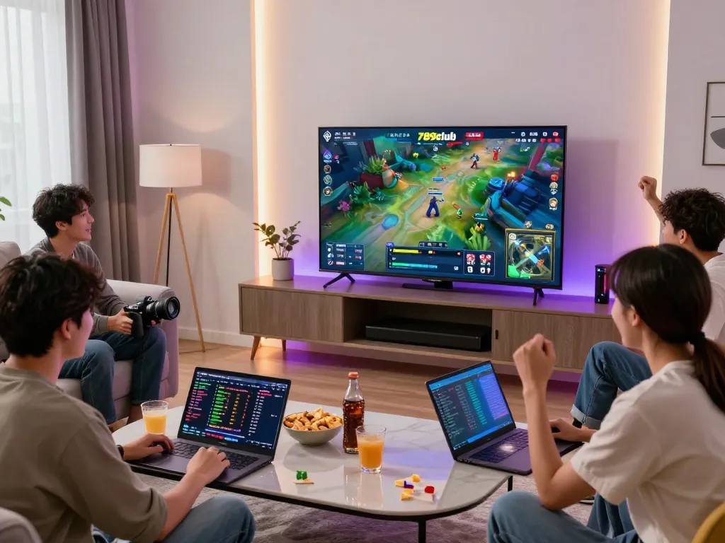 Engaged players enjoying 789club online gaming in a modern living room.
