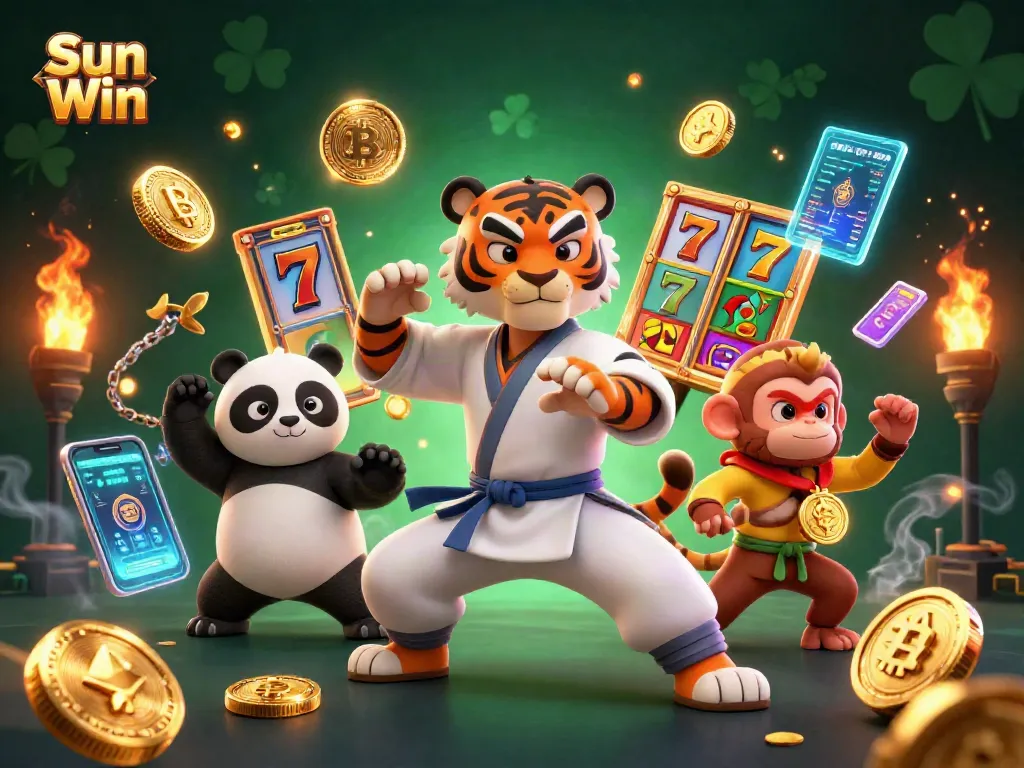 Experience thrilling wins with Sun Win in this vibrant, action-packed casino scene featuring playful characters and exciting game elements.