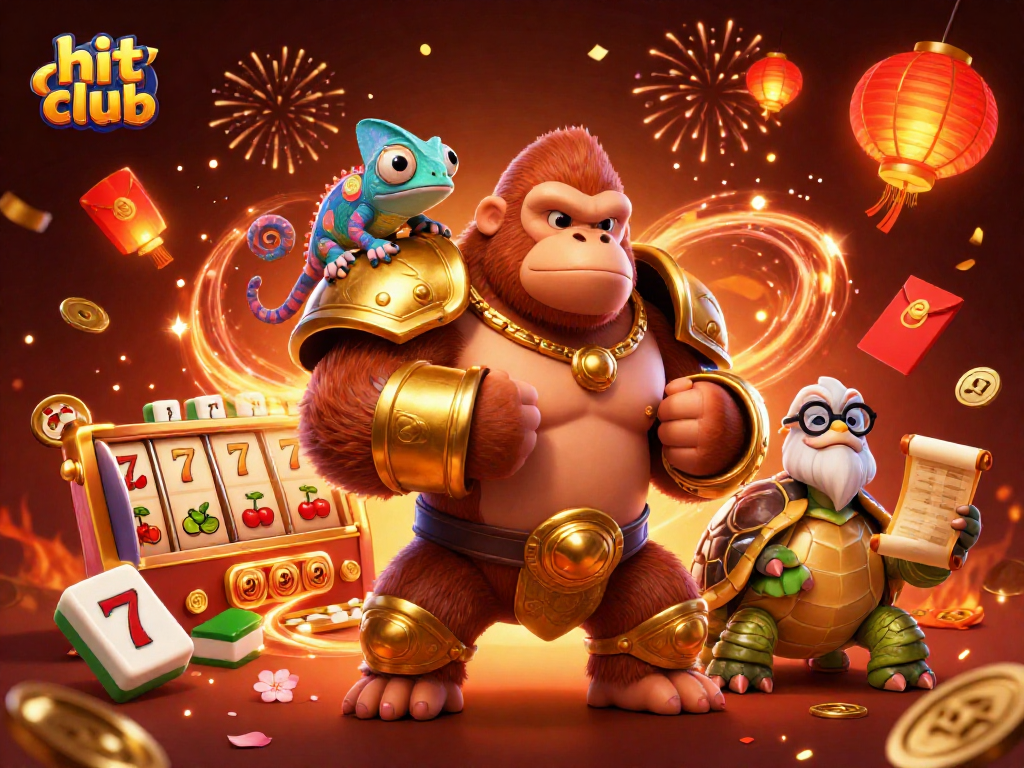 Gorilla king, chameleon, and tortoise celebrate at hit club with vibrant casino themes.