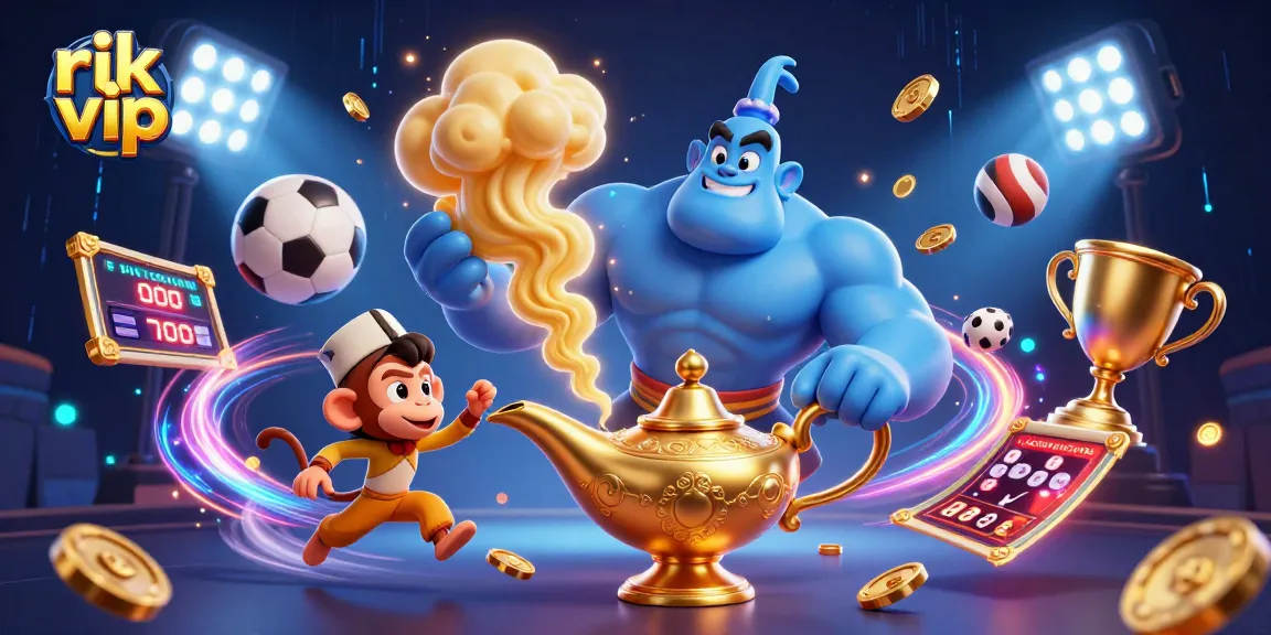 Experience the thrill of rik vip with a cartoon genie emerging and sports elements flying around.