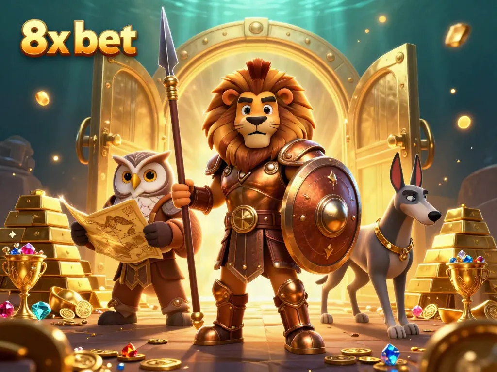 Experience the thrill of 8x bet as a Spartan lion, owl strategist, and greyhound messenger gather around sparkling treasure.