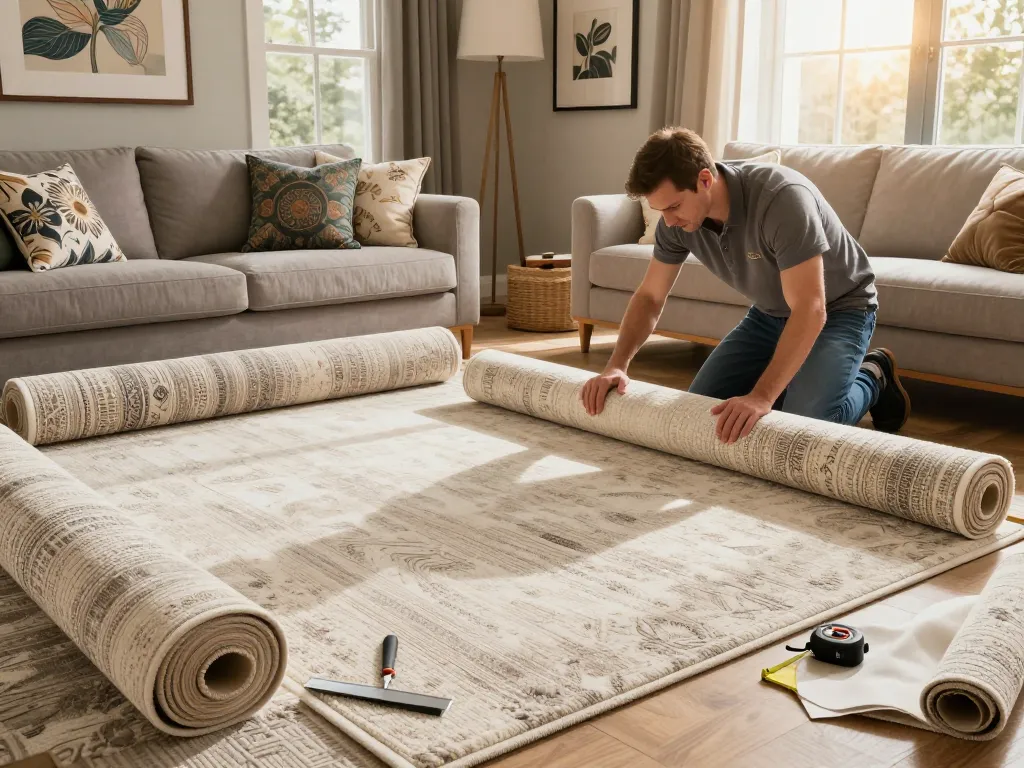 Expert carpet fitting services West London in a cozy living room, highlighting tools and beautiful carpet installations.