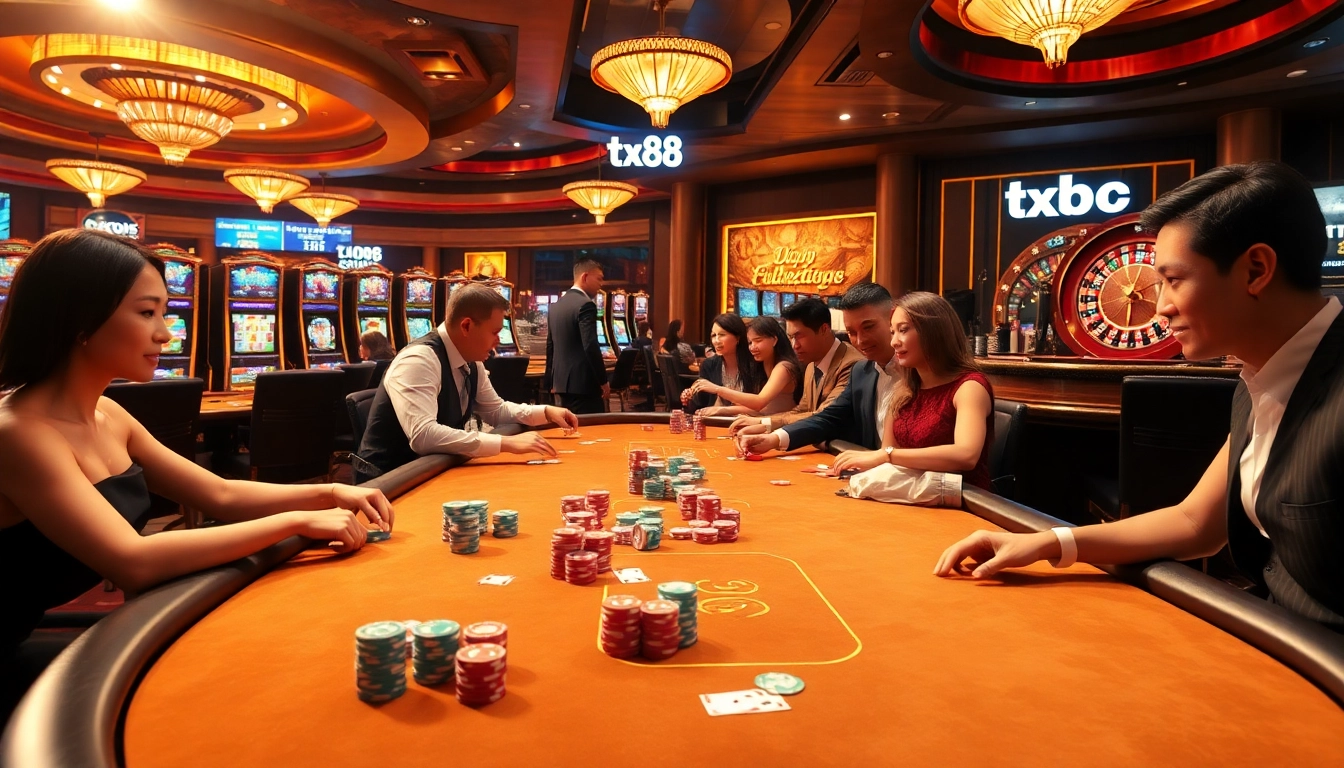 Players engage in a thrilling tx88 poker game at a luxurious casino table, surrounded by vibrant slot machines.