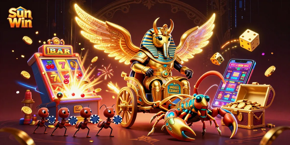 Win big with Sun Win's vibrant casino scene featuring golden scarabs and slot machines.