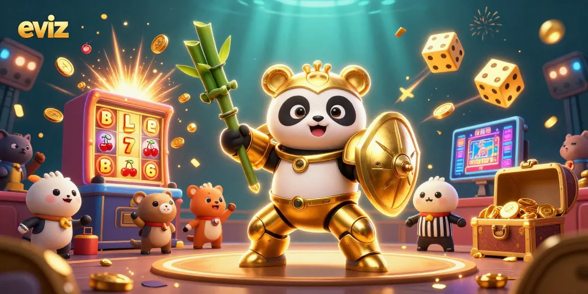 eviz showcases a dynamic 3D illustration of a golden panda piloting a robot in a casino battle, amidst jubilant spectators and glittering gaming symbols.