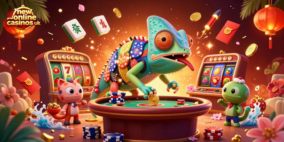 Interact with new online casinos UK featuring a vibrant chameleon casino owner among dynamic slot game elements.