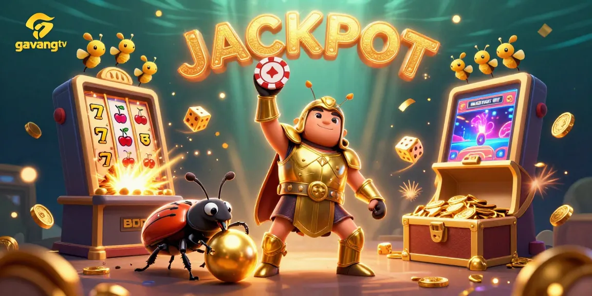 Engage with the thrilling action on gavangtv as a triumphant beetle celebrates a poker win among vibrant casino elements.