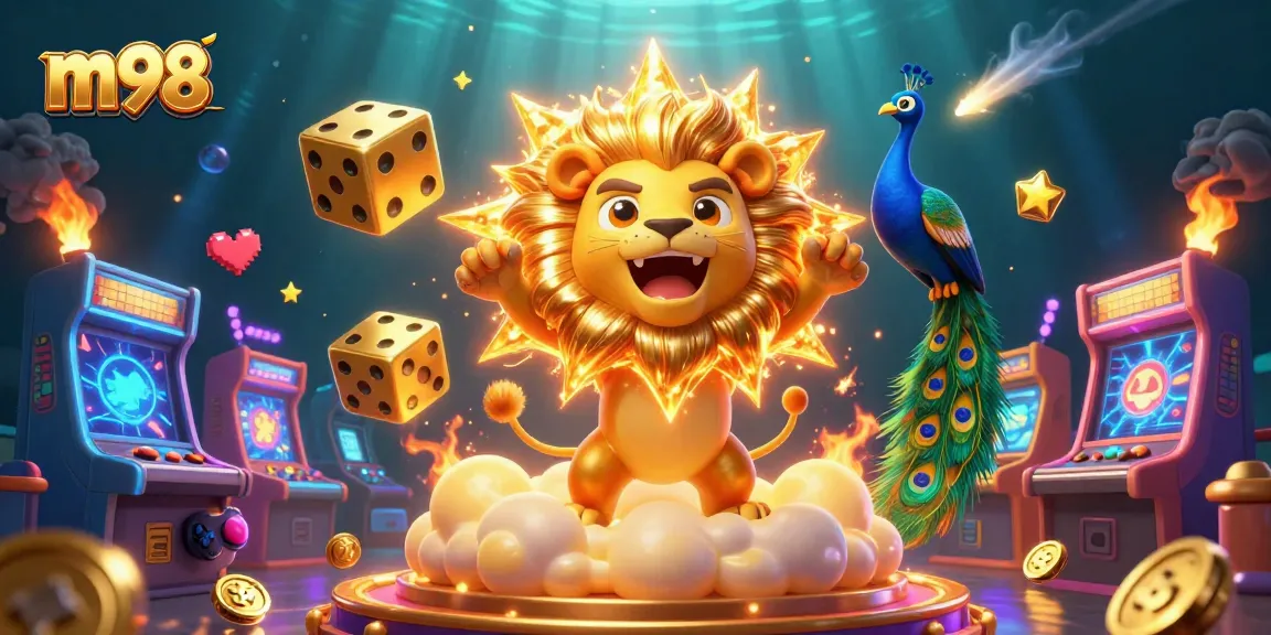 Experience thrilling wins at m98 with a vibrant, action-packed casino scene featuring golden dice and arcade elements.