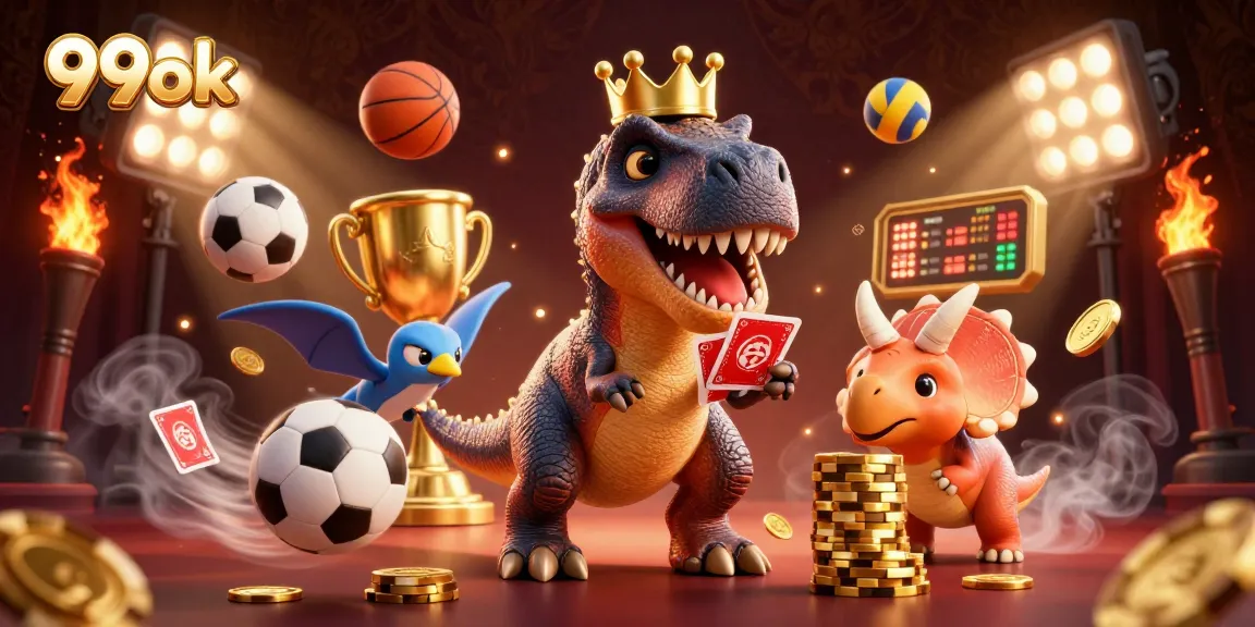 Experience exciting gameplay with 99ok; a vibrant 3D scene of dinosaurs enjoying casino fun.
