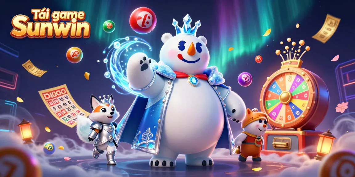 Tải game Sunwin with a dynamic casino scene featuring a polar bear king and a snow fox, surrounded by vibrant gambling elements.