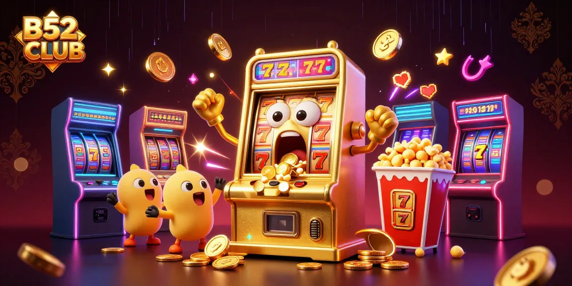 Experience excitement at B52CLUB as a golden slot machine wins a jackpot surrounded by cheering machines.