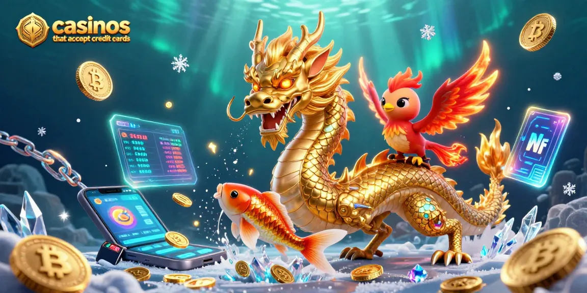 Engage in casinos that accept credit cards featuring a powerful dragon, phoenix, and koi fish amid vibrant 3D elements.